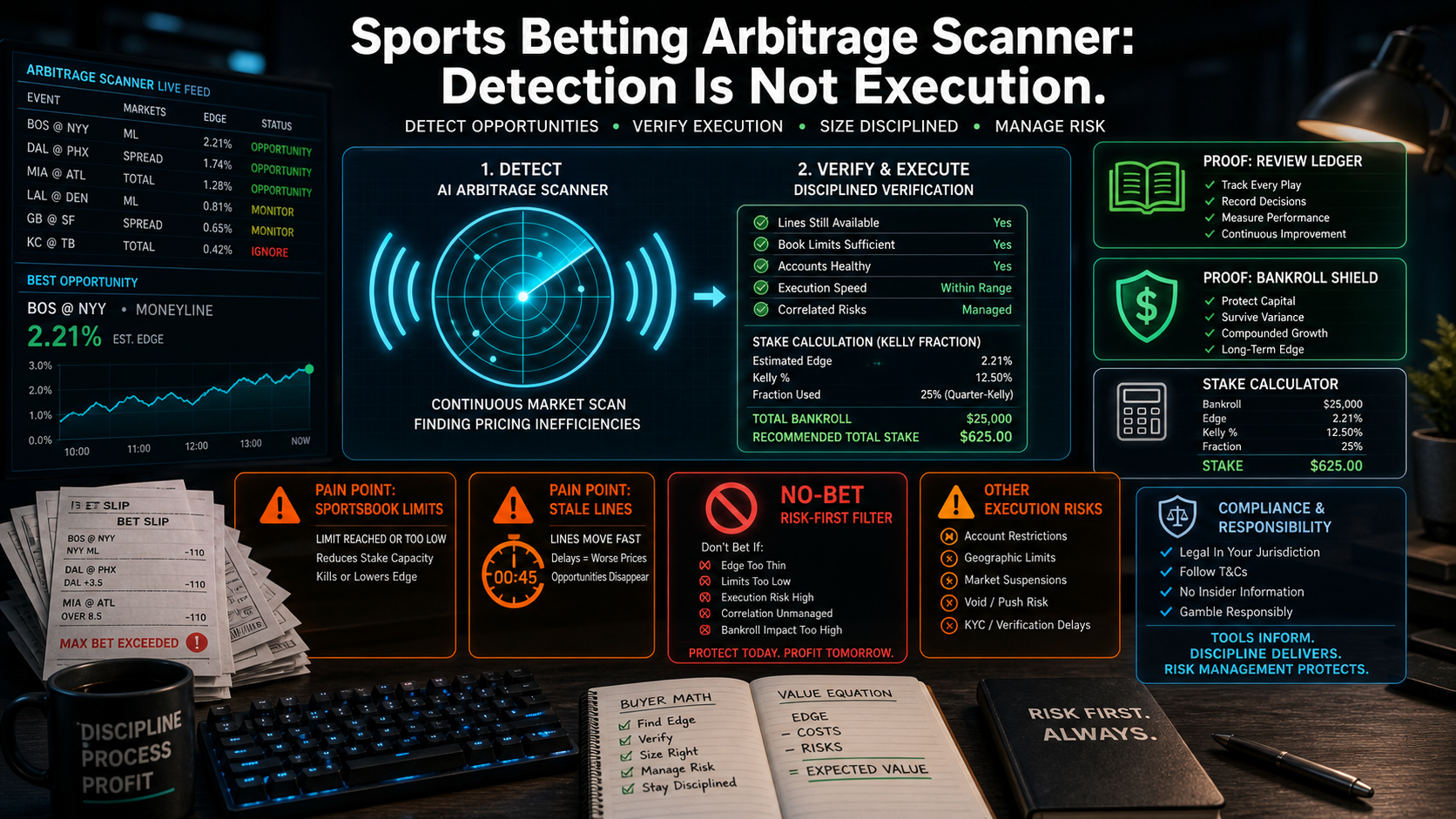 Sports Betting Arbitrage Scanner: Detection Is Not Execution The Buyer Math infographic